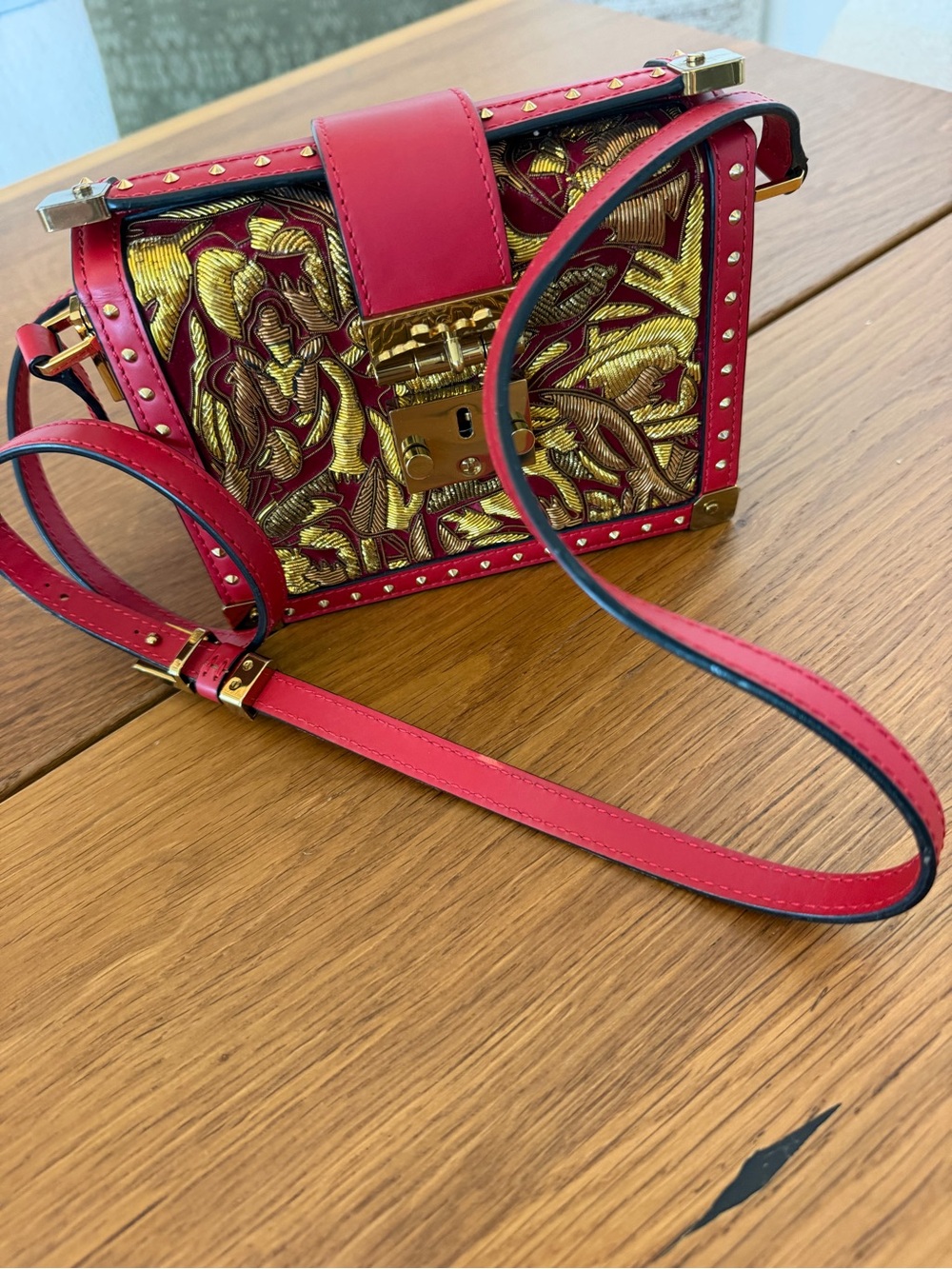 MCM Mini Mitte Brocade Crossbody Red/Gold